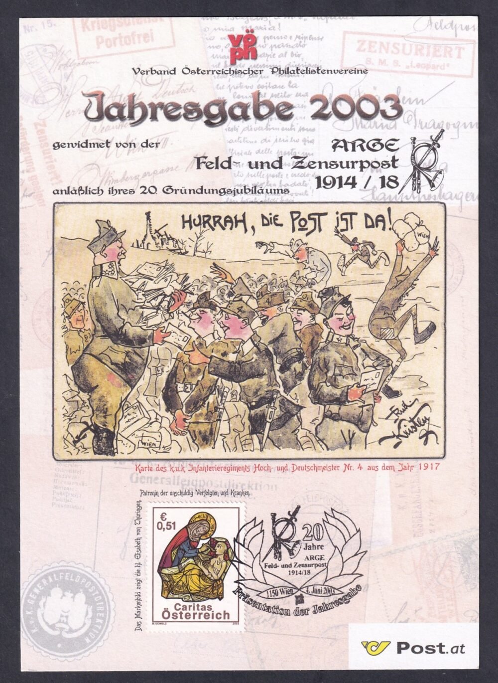 2003. Ausztria, Éves ajándék az Arge feld- és Zensurpost 20 éves jubileuma alkalmából emléklap, alkalmi bélyegzéssel