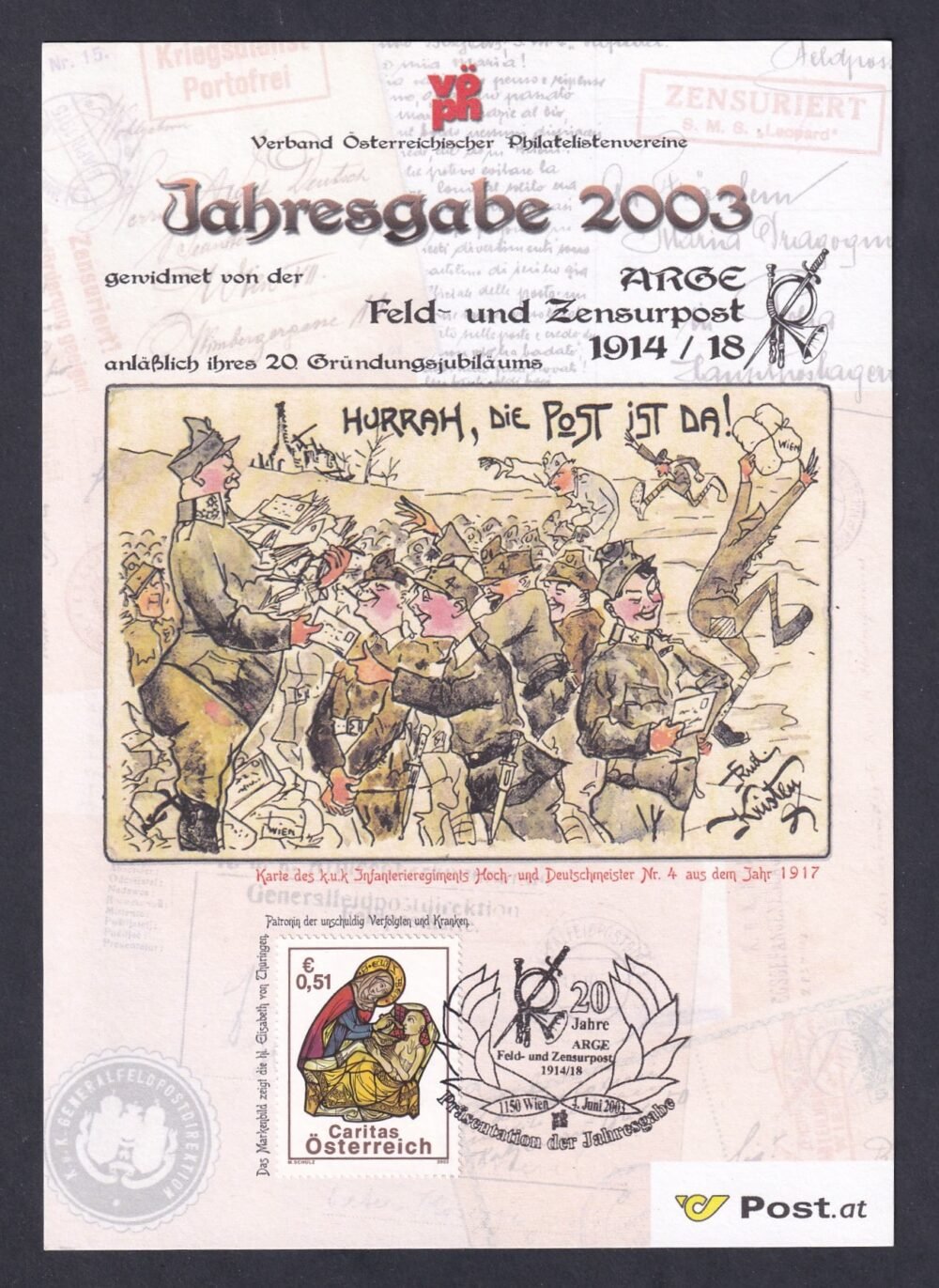 2003. Ausztria, Éves ajándék az Arge feld- és Zensurpost 20 éves jubileuma alkalmából emléklap, alkalmi bélyegzéssel