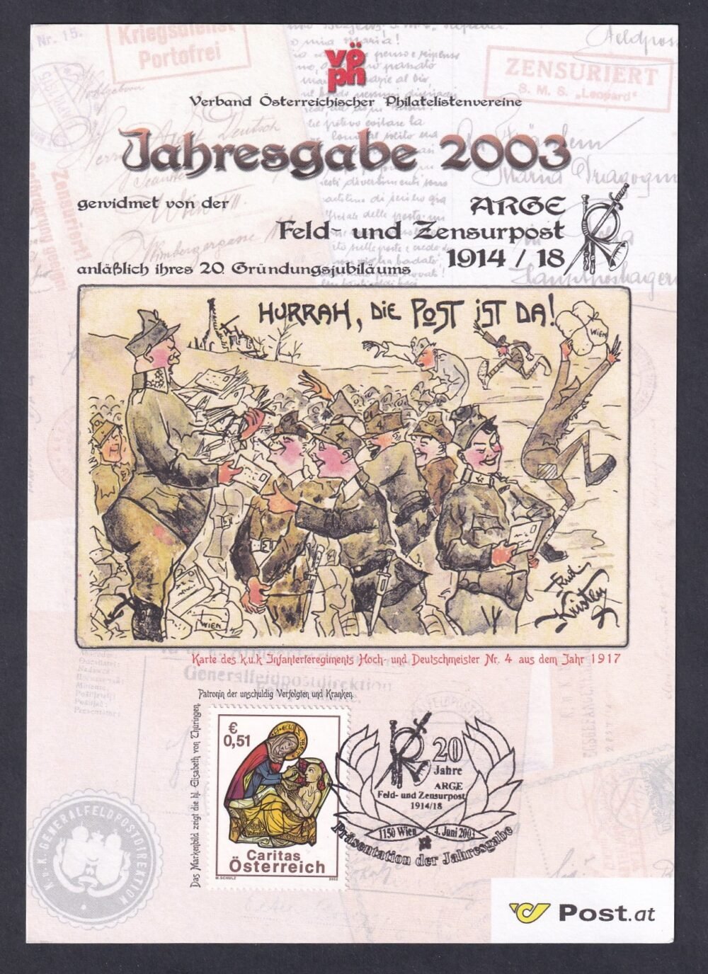 2003. Ausztria, Éves ajándék az Arge feld- és Zensurpost 20 éves jubileuma alkalmából emléklap, alkalmi bélyegzéssel