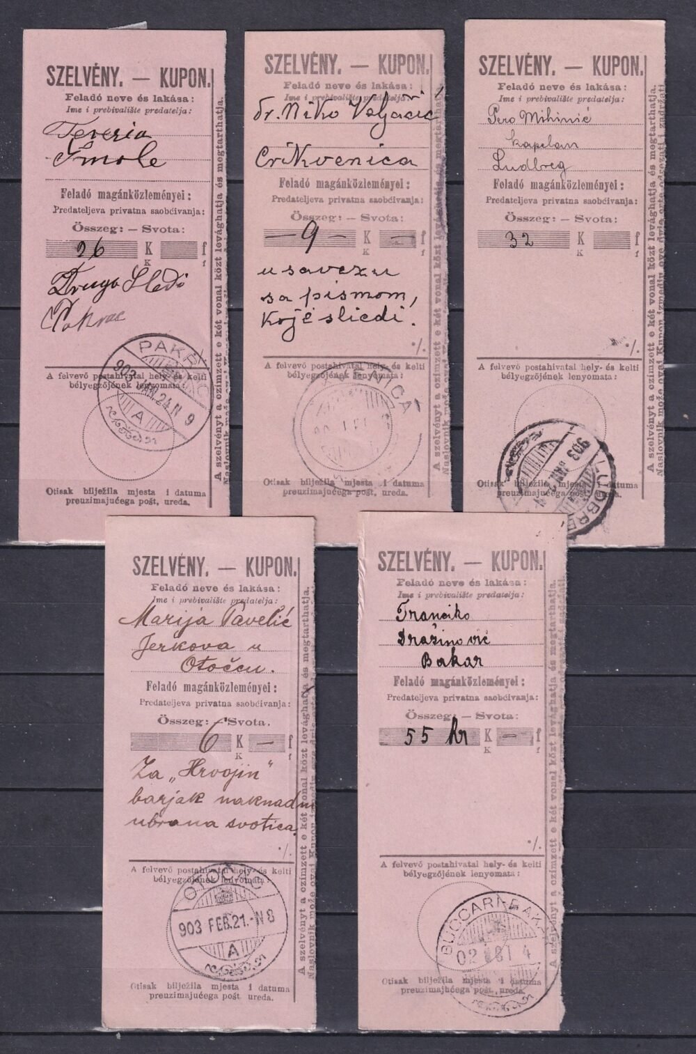 1902-1903. Feladó szelvény, 5 db.