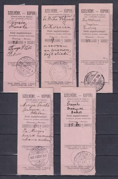 1902-1903. Feladó szelvény, 5 db.