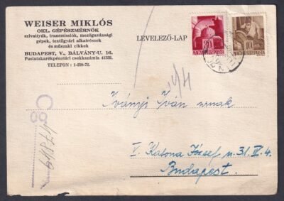 1945. májis 28. Budapest, helyben feladott levelzőlap 40 fillér helyi tarifával (első inf. díjszabás)