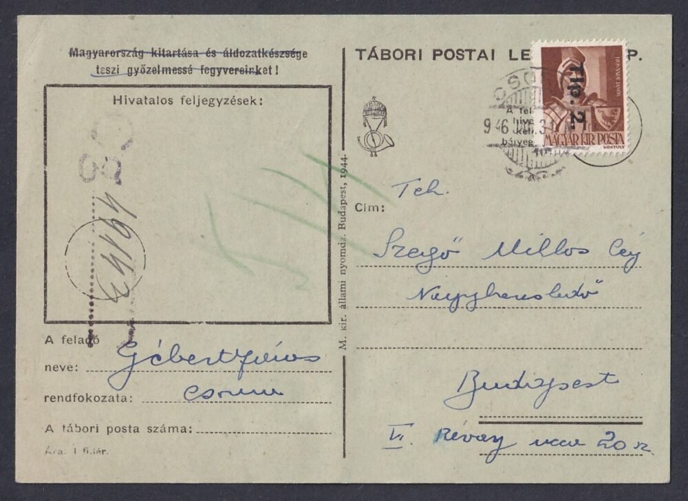 1946. Budapestre polgári felhasználásban feladott tábori levelezőlap