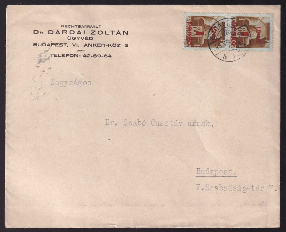 1945. VIII. 9.  Budapest, P-infl., 2. díj., 1. súlyf. helyi levél