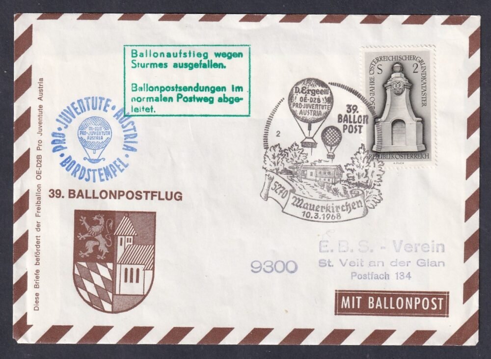 1968. Ausztria, Ballon posta levél, alkalmi bélyegzéssel
