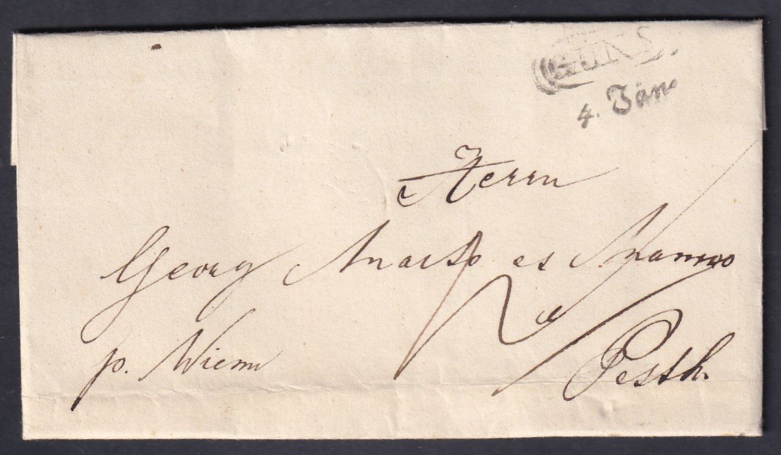 1844. GÜNS, PEST-re feladott 4 kr portós levél, érkezési bélyegzéssel - levéltartalommal