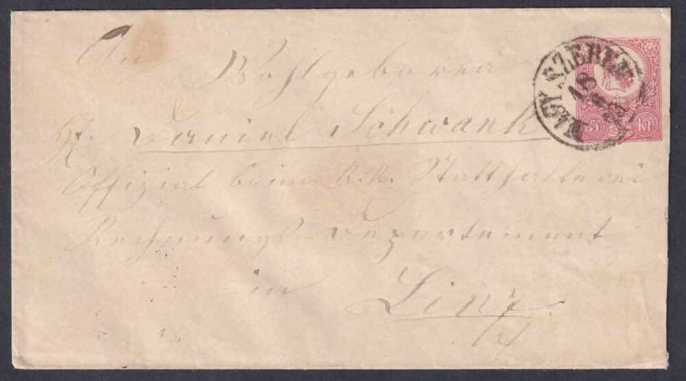 1873. NAGY SZEBEN, Linzbe feladott  5 kr-os díjjegyes boríték, Wien átmenő bélyegzéssel
