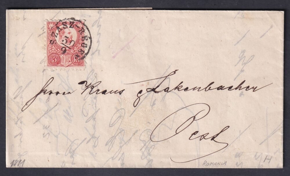 1871. SZÁSZ-RÉGEN, Pestre feladott levél, levélzáró pecsétbélyeggel - Kolozsvár átmenő bélyegzéssel és levéltartalommal