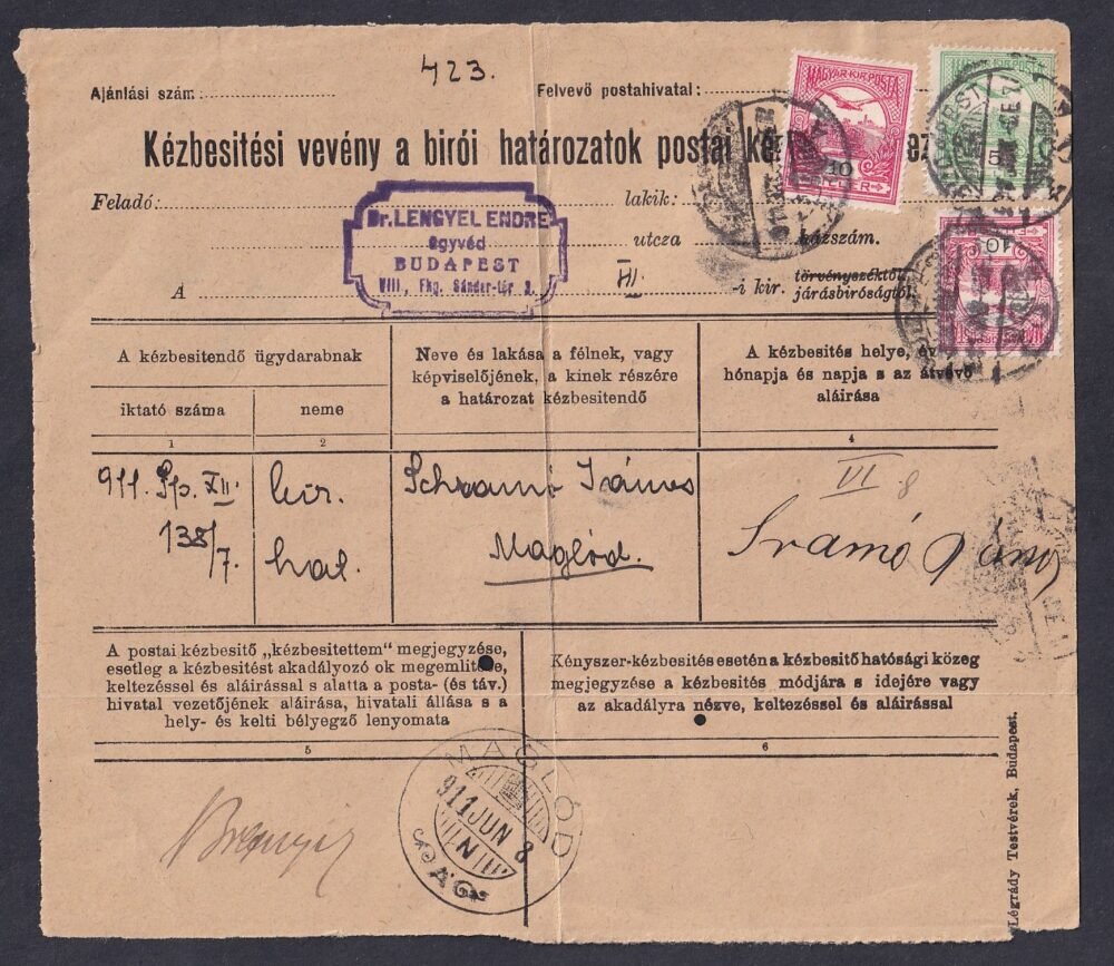 1911. Kézbesítési vevény bírói határozatokhoz, Budapest, Maglodra feladott 25 fillér díjjal – ritka postai nyomtatvány