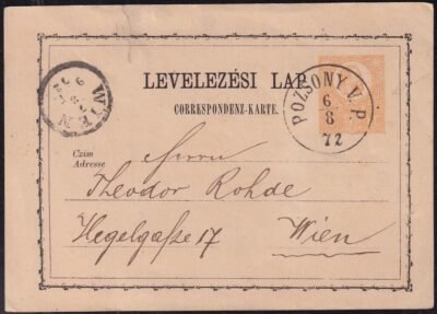 1872. Levelezőlap, POZSONY V. P. (G. 150 pont)