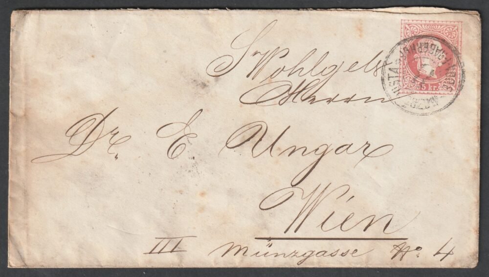 1867. 5 kr díjjegyes boríték Buda-Pragerhof mozgóposta bélyegzés, tanusítvánnyal