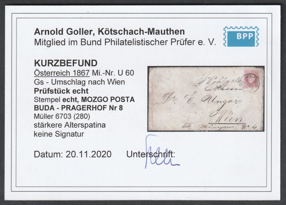 1867. 5 kr díjjegyes boríték Buda-Pragerhof mozgóposta bélyegzés, tanusítvánnyal
