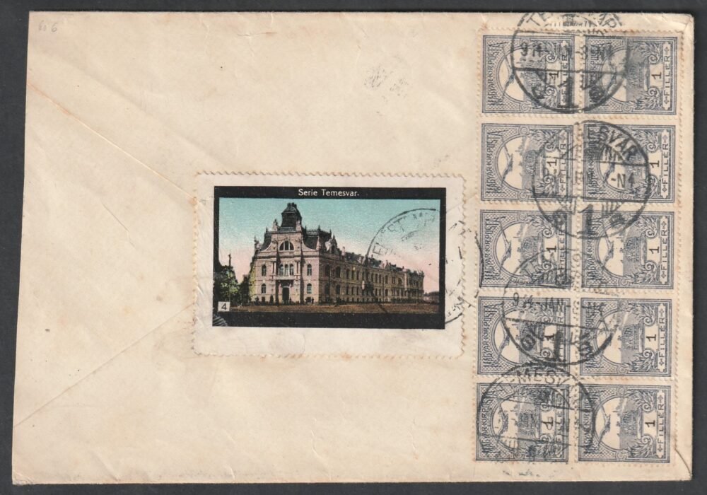 1914. Temesvár, Fehértemplomra feladott levél 10x1 fillér díjlerovással, (Kolozsvár levélzáró)