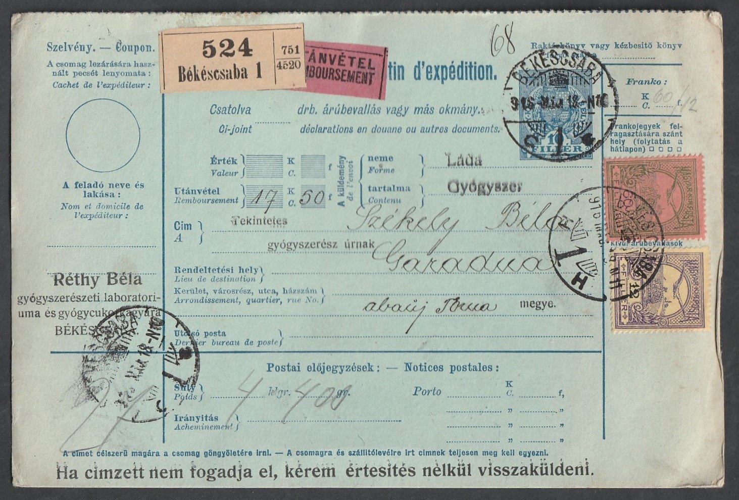 1916. Békéscsaba, Garadnára feladott utánvételes szállítólevél