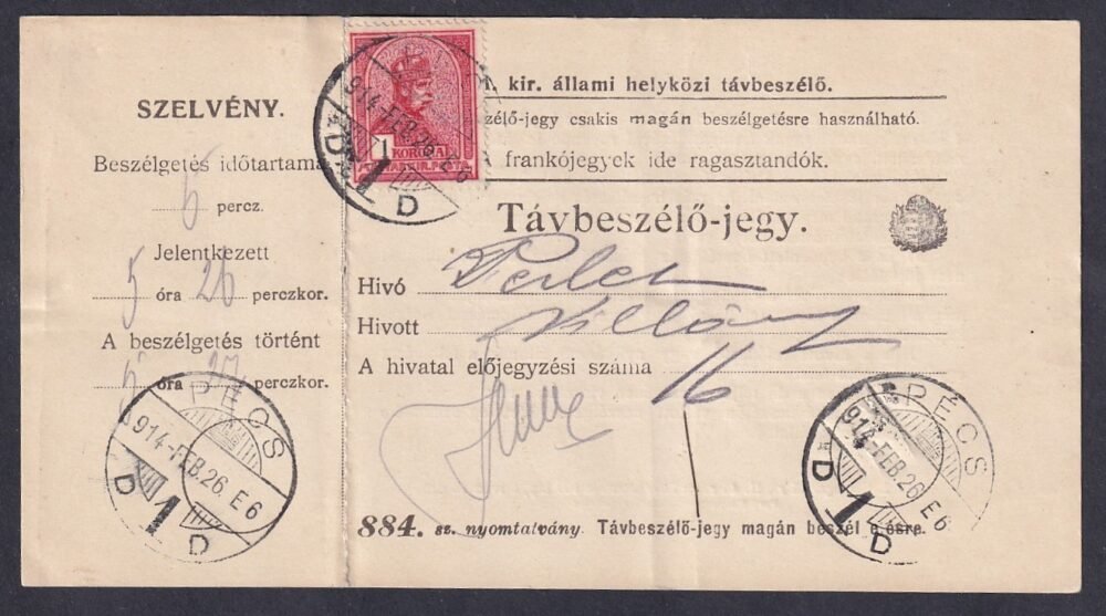 1914. Távbeszélőjegy (szelvénnyel), Turul 1K bérmentesítéssel, PÉCS