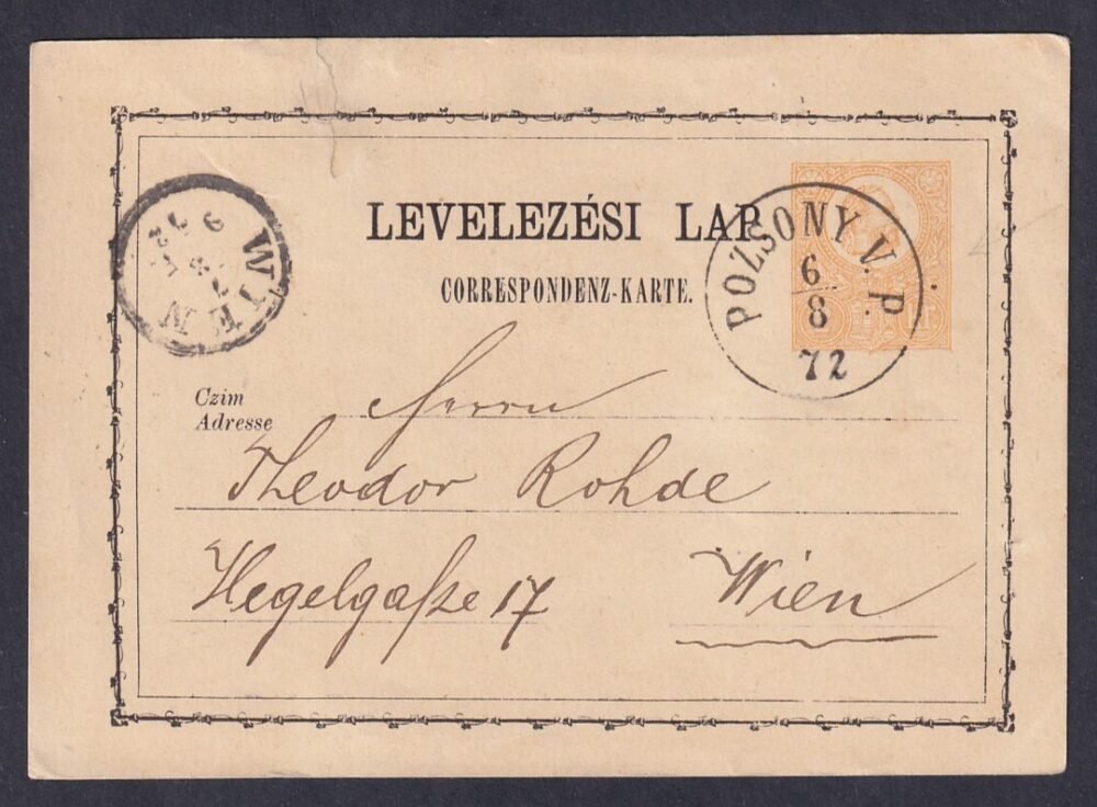 1872. Levelezőlap, POZSONY V. P. (Gudlin: 200 pont)