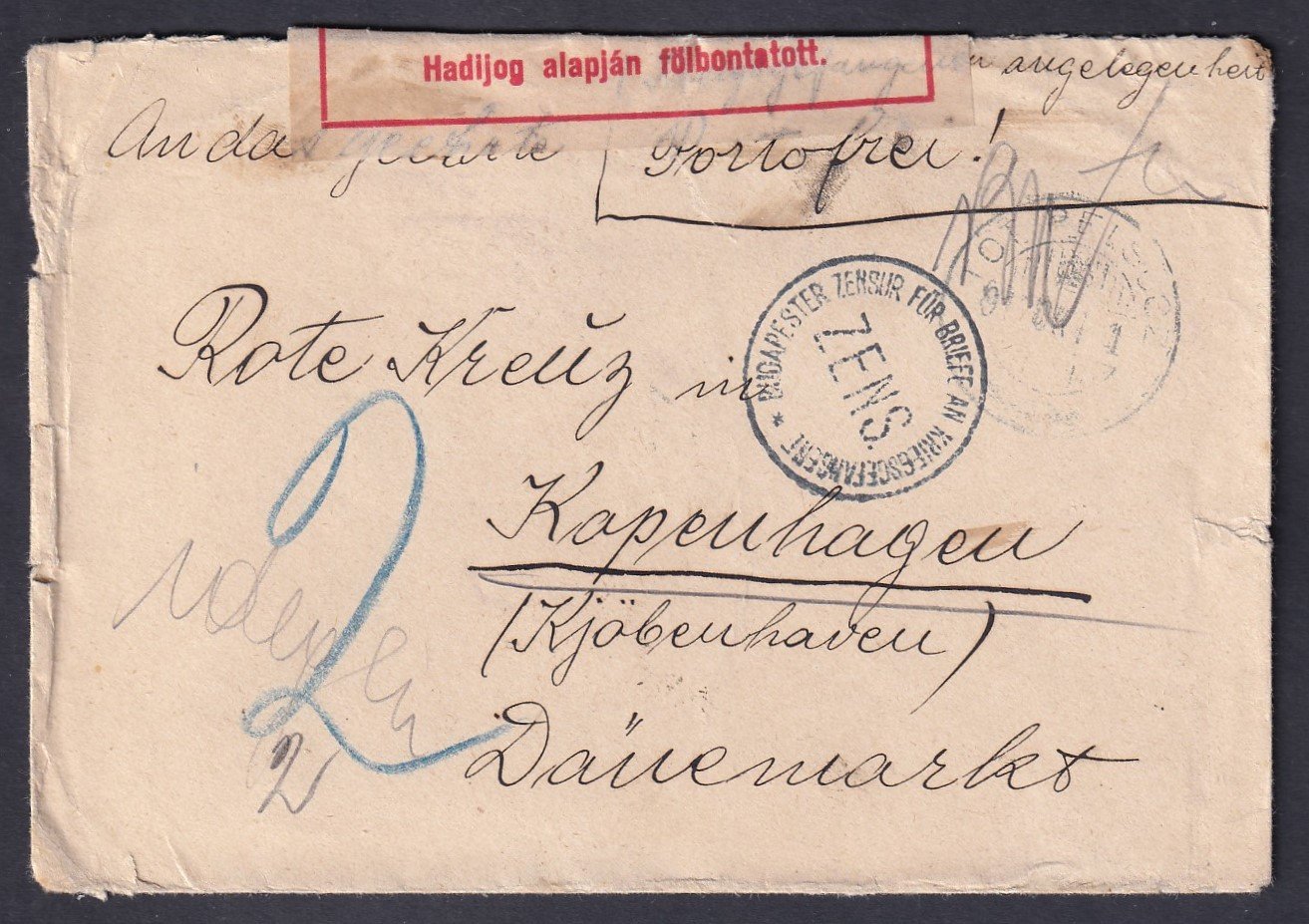 1917. Tót-Pelsőcz, Dániába, a Nemzetközi Vöröskeresztnek feladott cenzúrázott levél - portómentes küldemény!