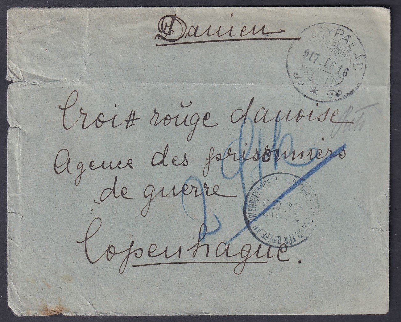 1917. Nagy-Palád, Dániába, a Nemzetközi Vöröskeresztnek feladott cenzúrázott levél – portómentes küldemény!t