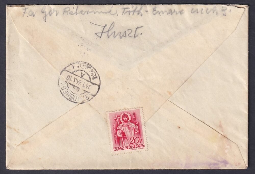 1941. Huszt, Rákoshegyre feladott levél - érdekes darab, mivel bérentesítés nélkül adták fel, portózás nem történt