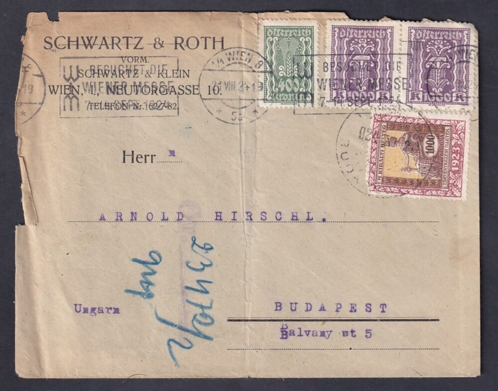 1924. Bécs, Budapestre feladott levél, Törvénykezési illetékkel