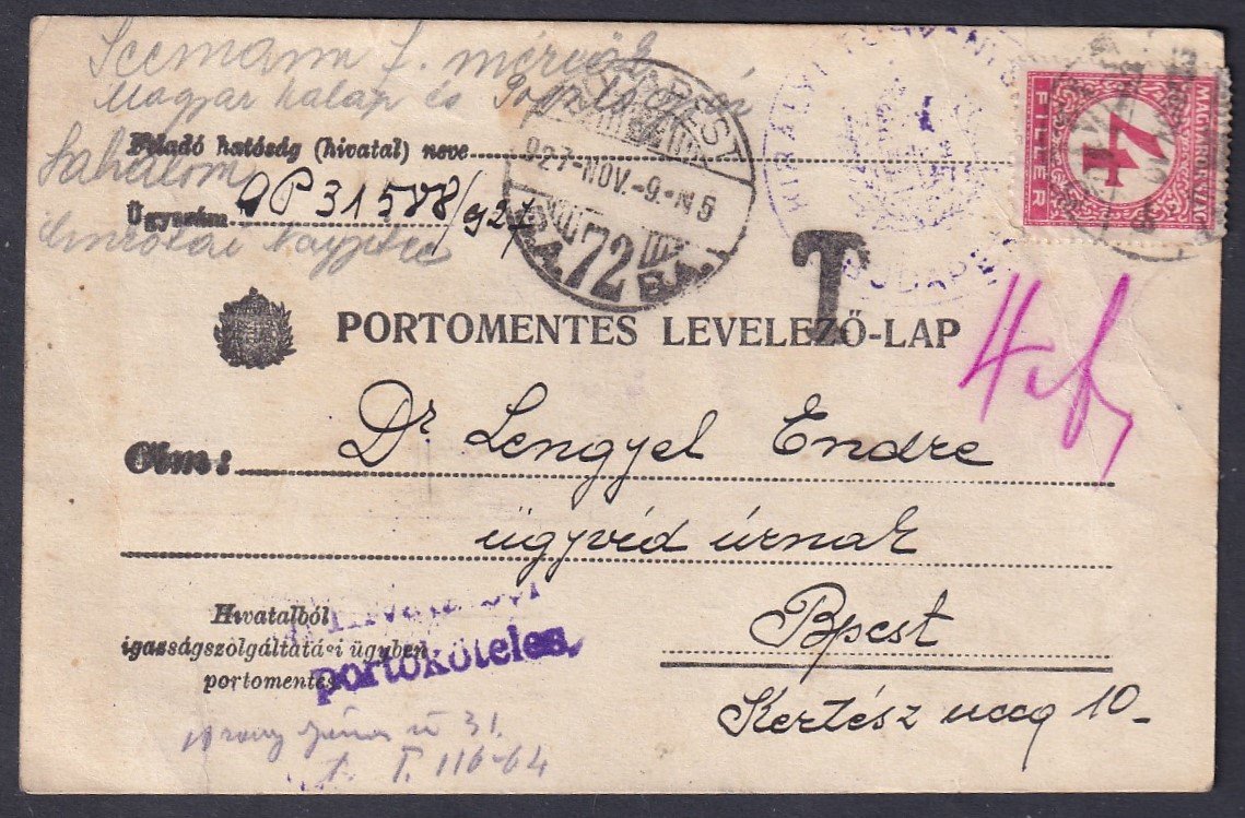 1927. Budapest, helyben feladott Portómentes levelező-lap, hívatalból portóköteles felhasználásban