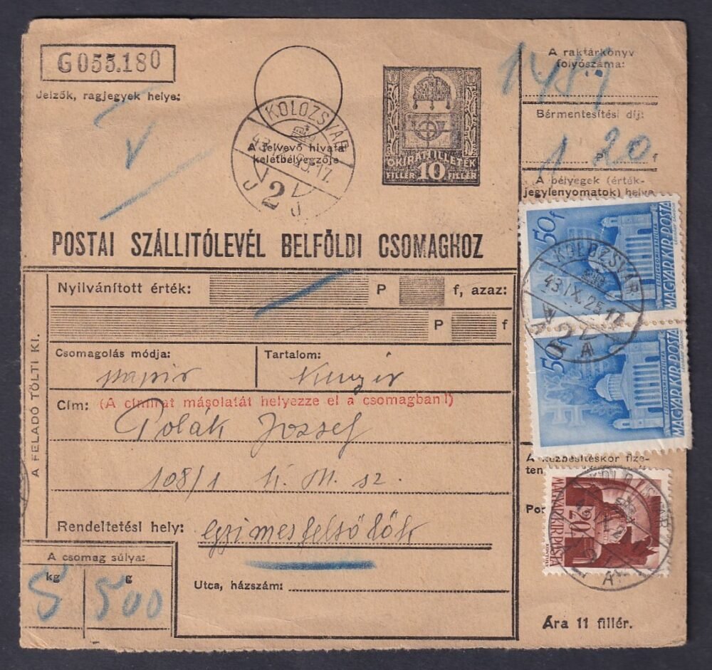 1943. Kolozsvár-Gyimesfelsőlök, belföldi postai szállítólevél