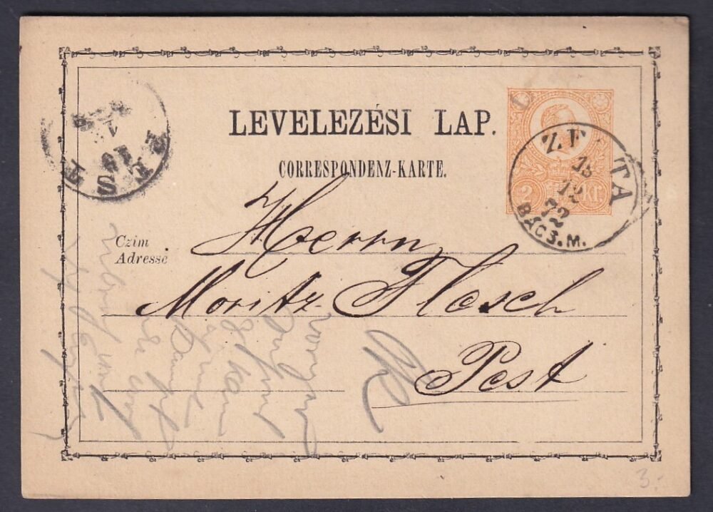 1872. Zenta,  Budapestre feladott díjjegyes levelezőlap