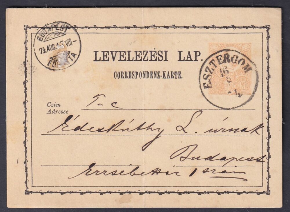 1874. Esztergom, Budapestre feladott díjjegyes levelezőlap