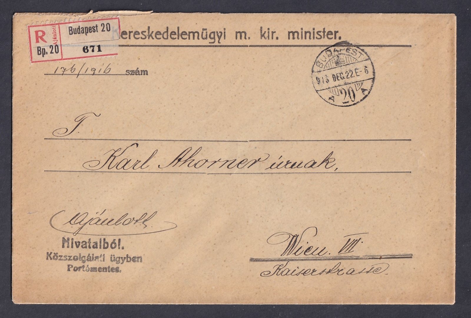 1913. Bécsbe feladott portómentes ajánlott levél, Kereskedelmi m. k. miniszter,