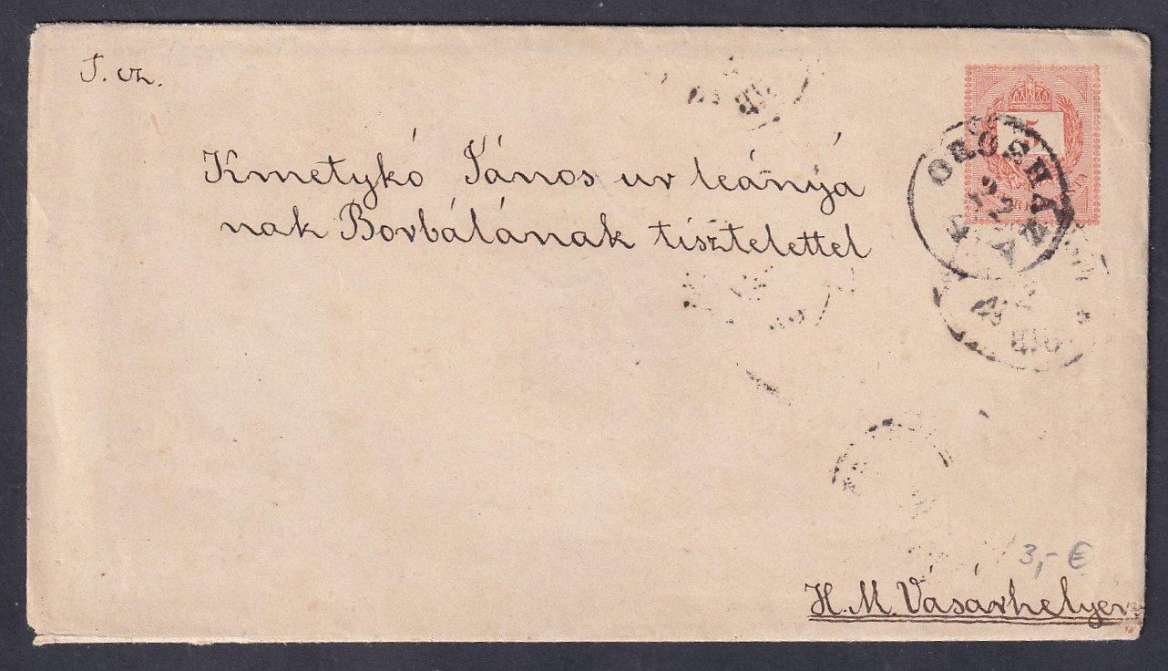 1877. Orosháza, Marosvásárhelyre feladott díjjegyes boríték, levél tartalommal