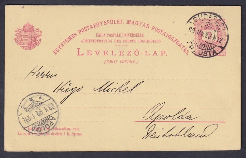1899. Budapest, Apolda (Németország) ba feladott UPU levelezőlap