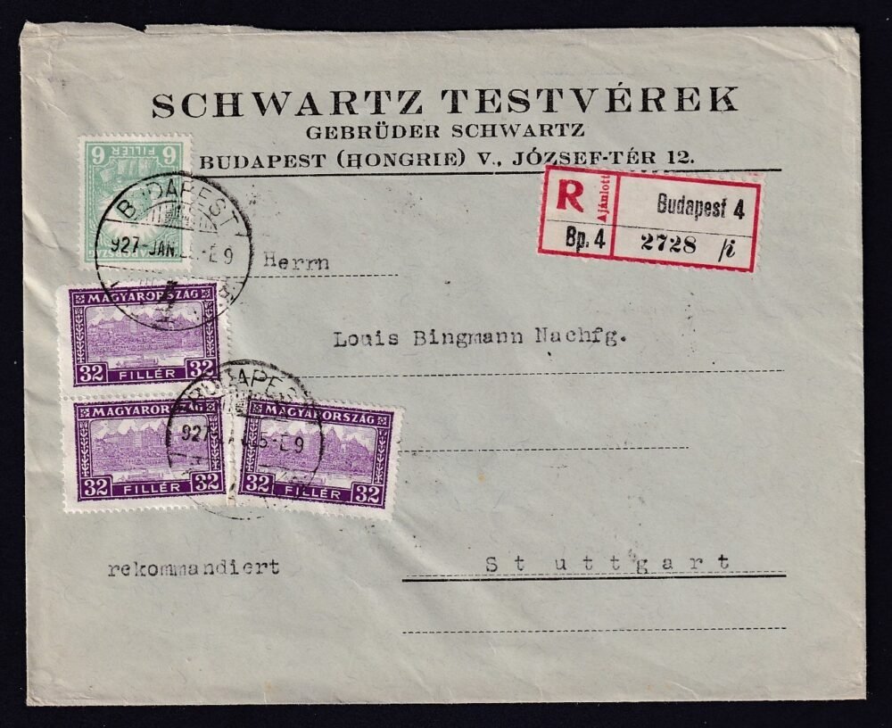 1927. Budapest, Stuttgart-ba feladott 2. súlyfokozatú ajánlott levél