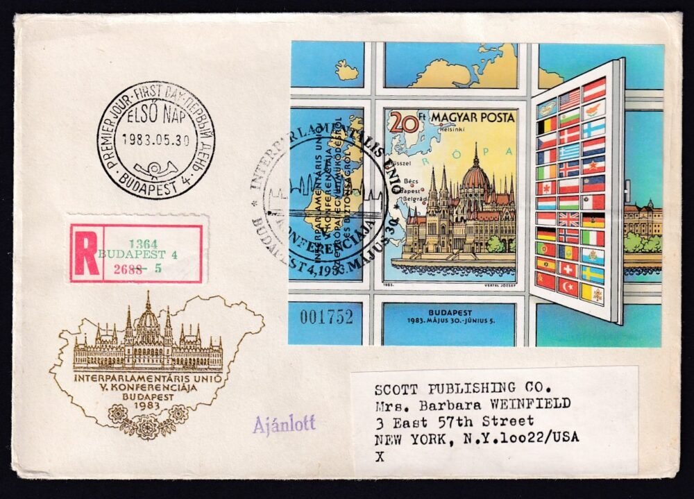 1983. Interparlamentáris unió I. vágott blokk FDC, USA-ba feladott ajánlott levél