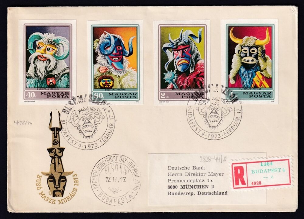 1973. Busójárás vágott sor FDC, Németországba feladott ajánlott levelek