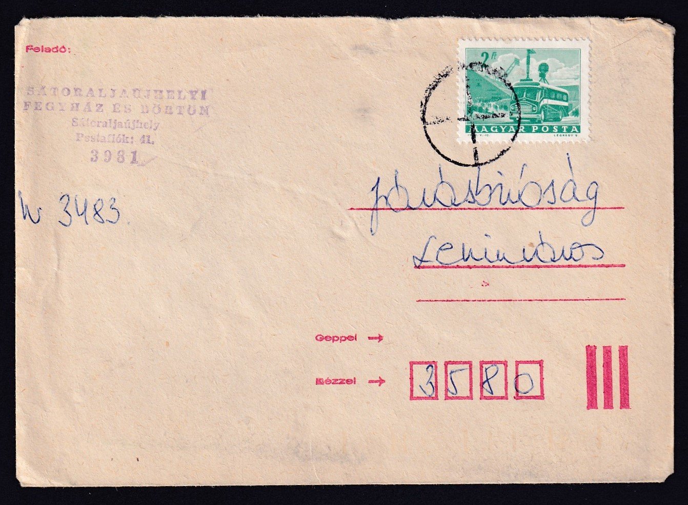 Sátoraljaújhely, Leninvárosba feladott levél néma bélyegzéssel