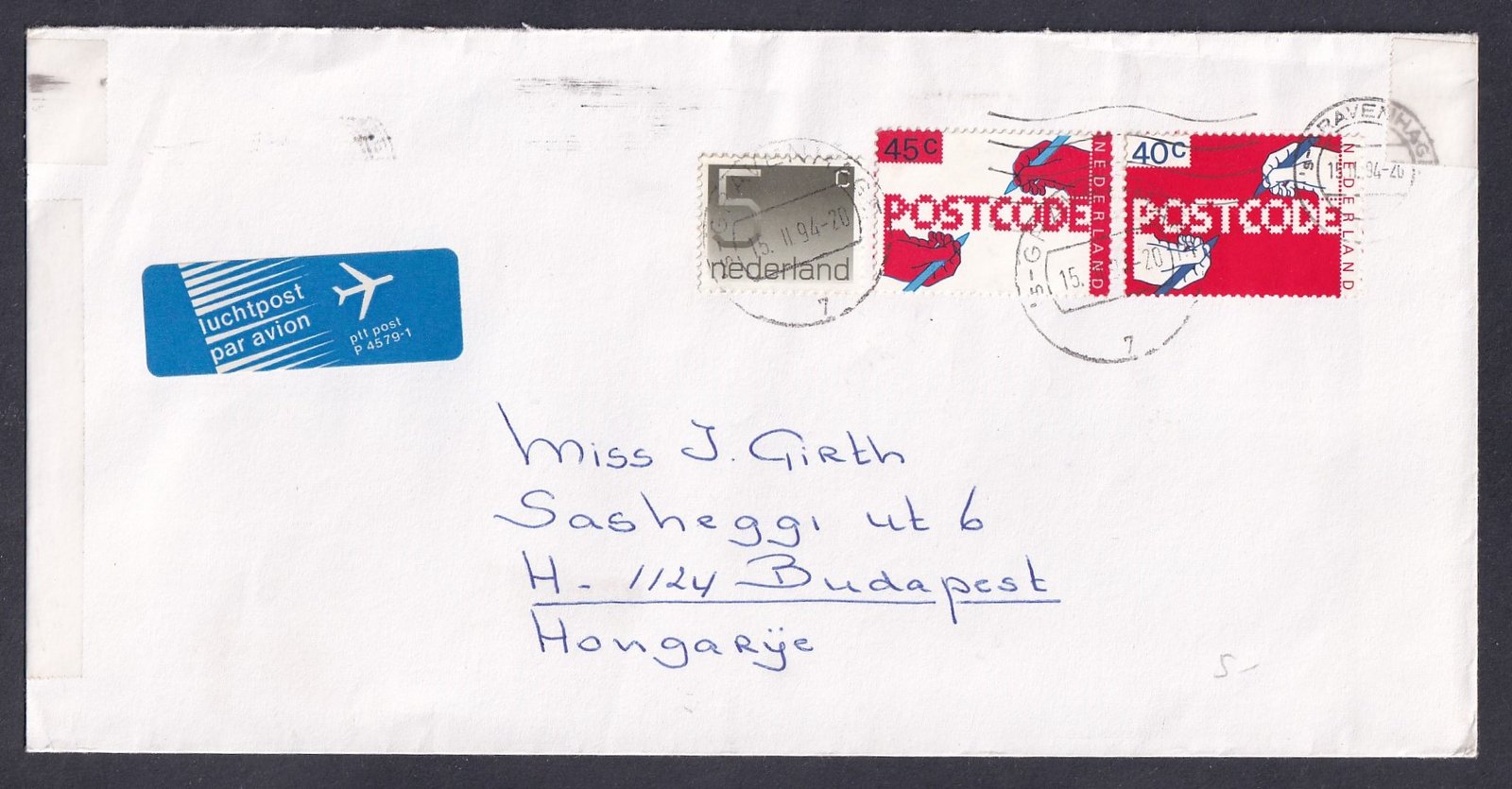 1994. Hollandia, Magyarországra feladott légiposta levél