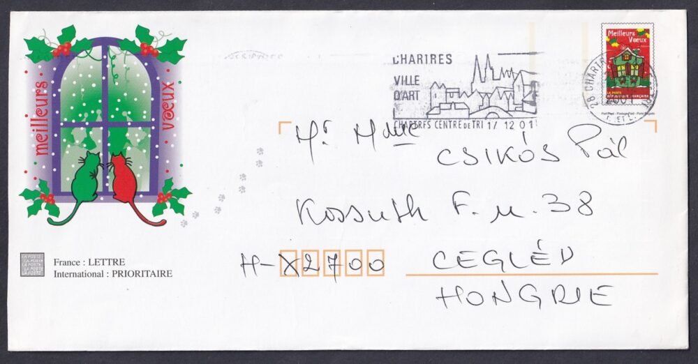 2001. Franciaország, Ceglédre feladott levél karácsonyi alkalmi díjjegyes képeslap