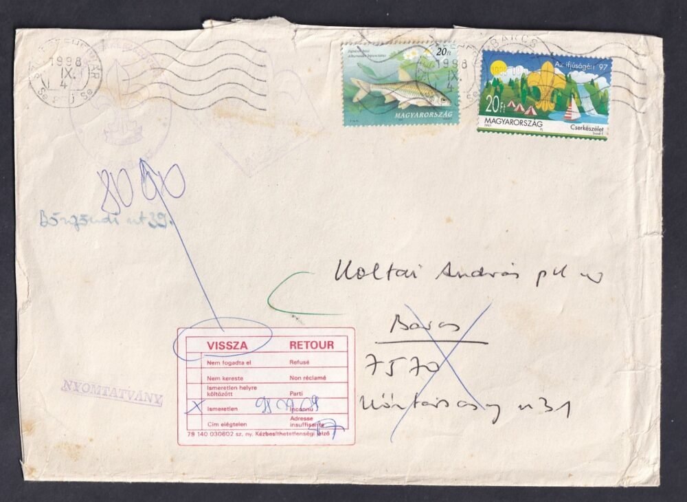 1998. Barcs helyi cserkész levél, vissza a feladónak