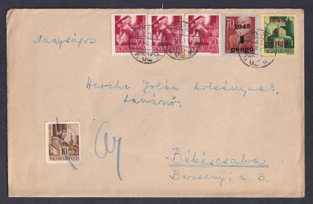 1945. Budapest, helyben feladott levél, helyi 2. súlyf. . vegyes '45 előtti bélyegekkel lerót díjszabással!