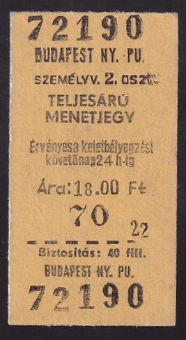 Kéregjegy – Budapest NY.PU. teljesárú, 2.osztály