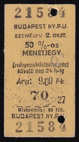 Budapest NY.PU. 50%-os menetjegy, 2.osztály