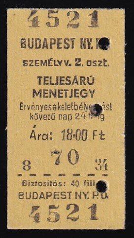 Kéregjegy – Budapest NY.PU. teljesárú, 2.osztály