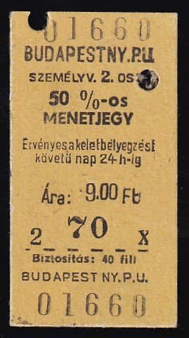 Budapest NY.PU. 50%-os menetjegy, 2.osztály
