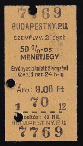 Budapest NY.PU. 50%-os menetjegy, 2.osztály