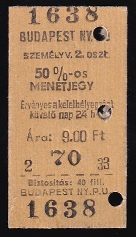 Budapest NY.PU. 50%-os menetjegy, 2.osztály