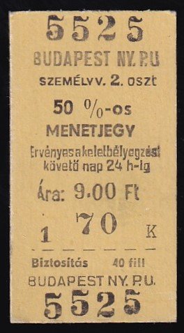 Budapest NY.PU. 50%-os menetjegy, 2.osztály