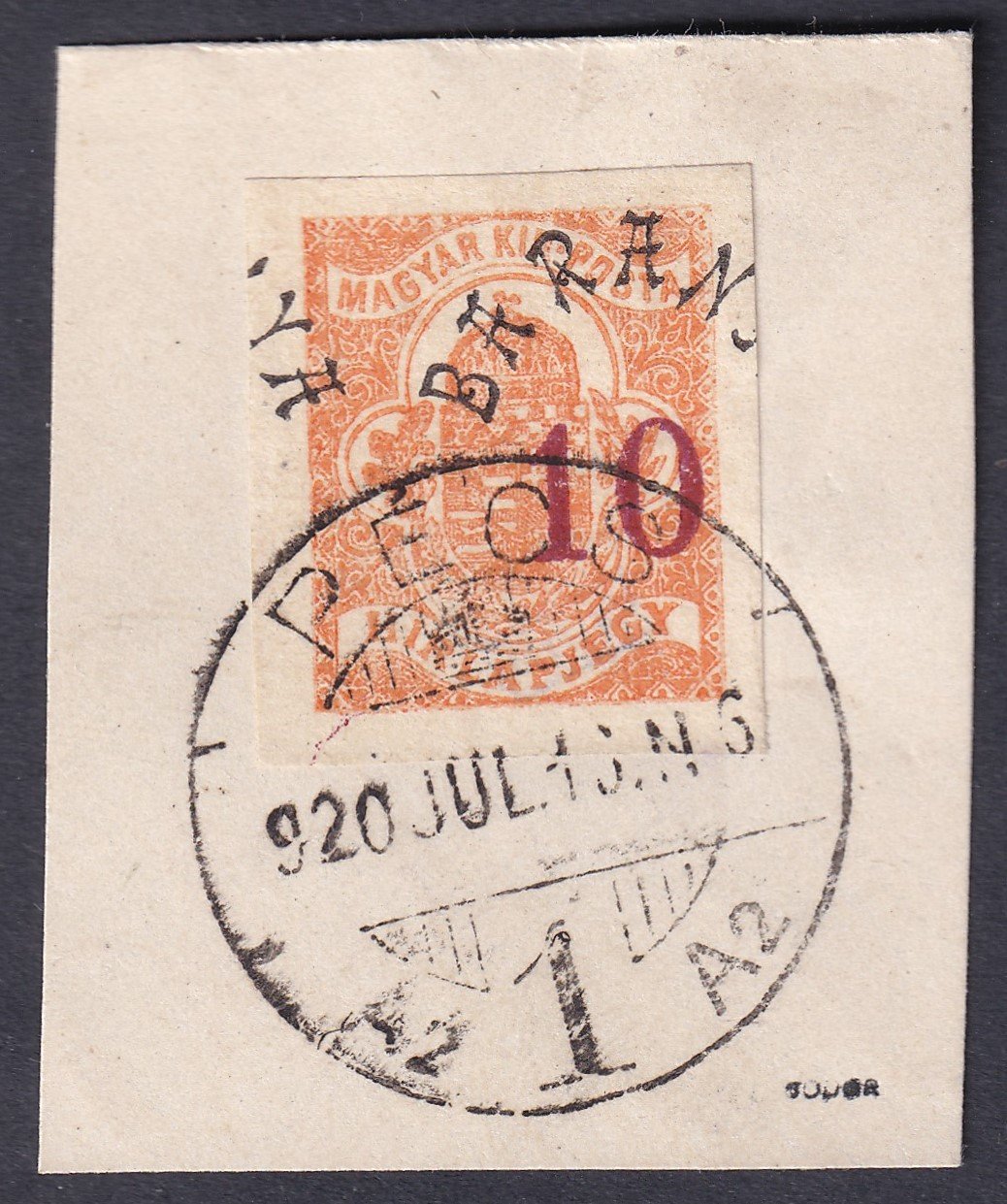 Baranya II. Hírlapbélyeg kivágás, jelentősen elcsúszott felülnyomattal