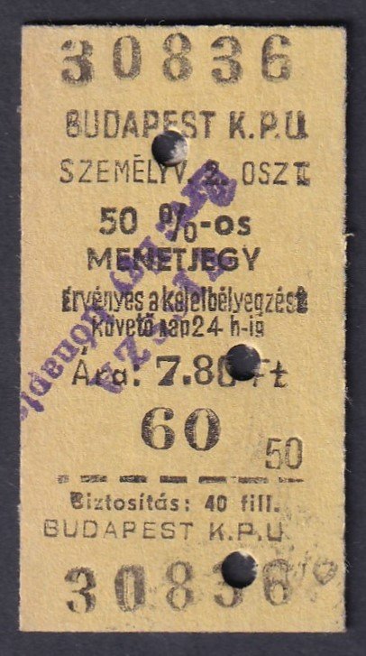 Budapest K.PU. 50%-os menetjegy, 2.osztály