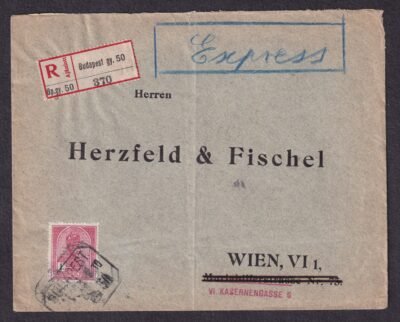 1917. Budapest Gyűjtő Posta bélyegzéssel, Bécsbe feladott ajánlott levél