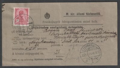 1913. Szombathely, Díjköteles szolgálati értesítés